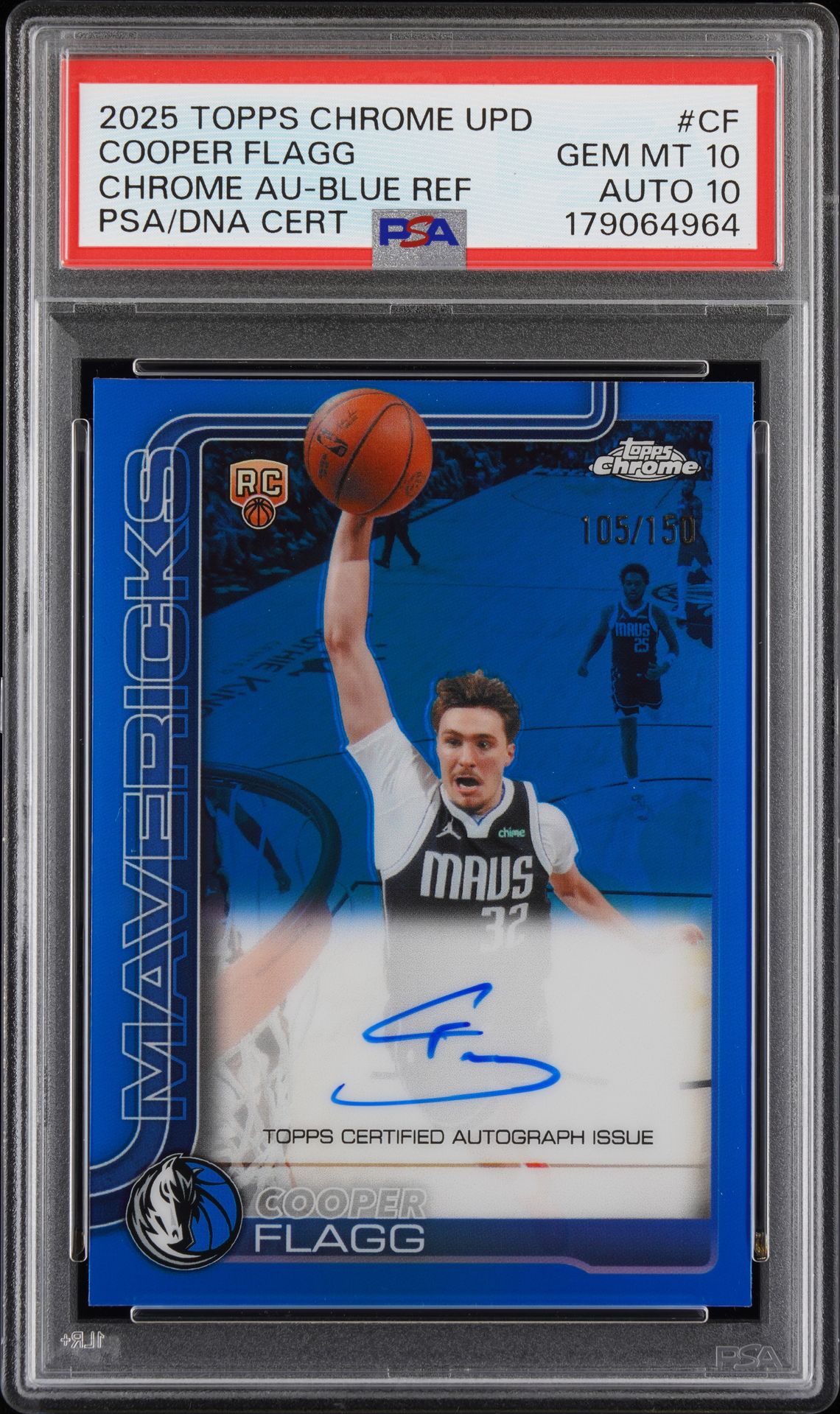 Cooper Flagg 2025 Topps Chrome blue refractor autograph /150, PSA 10, Auto 10