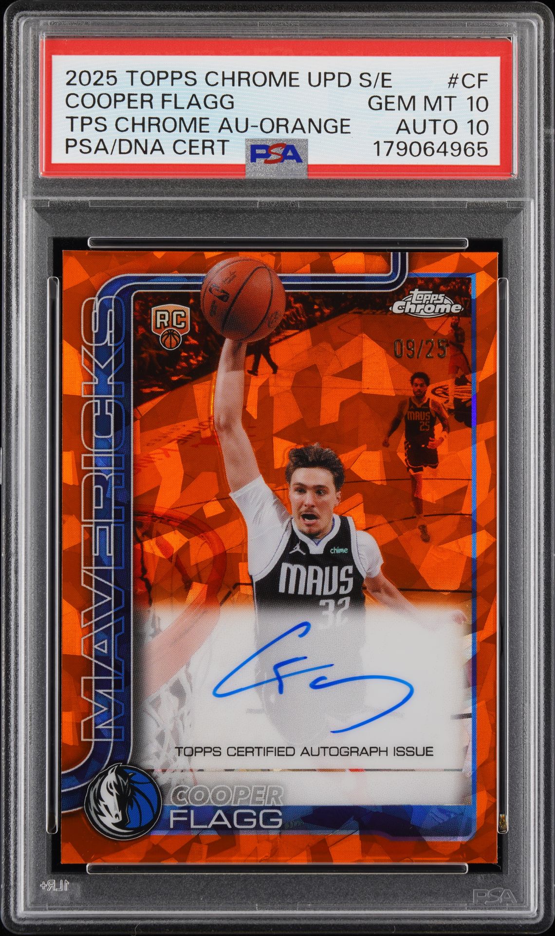 Cooper Flagg 2025 Topps Chrome orange autograph /25, PSA 10, Auto 10