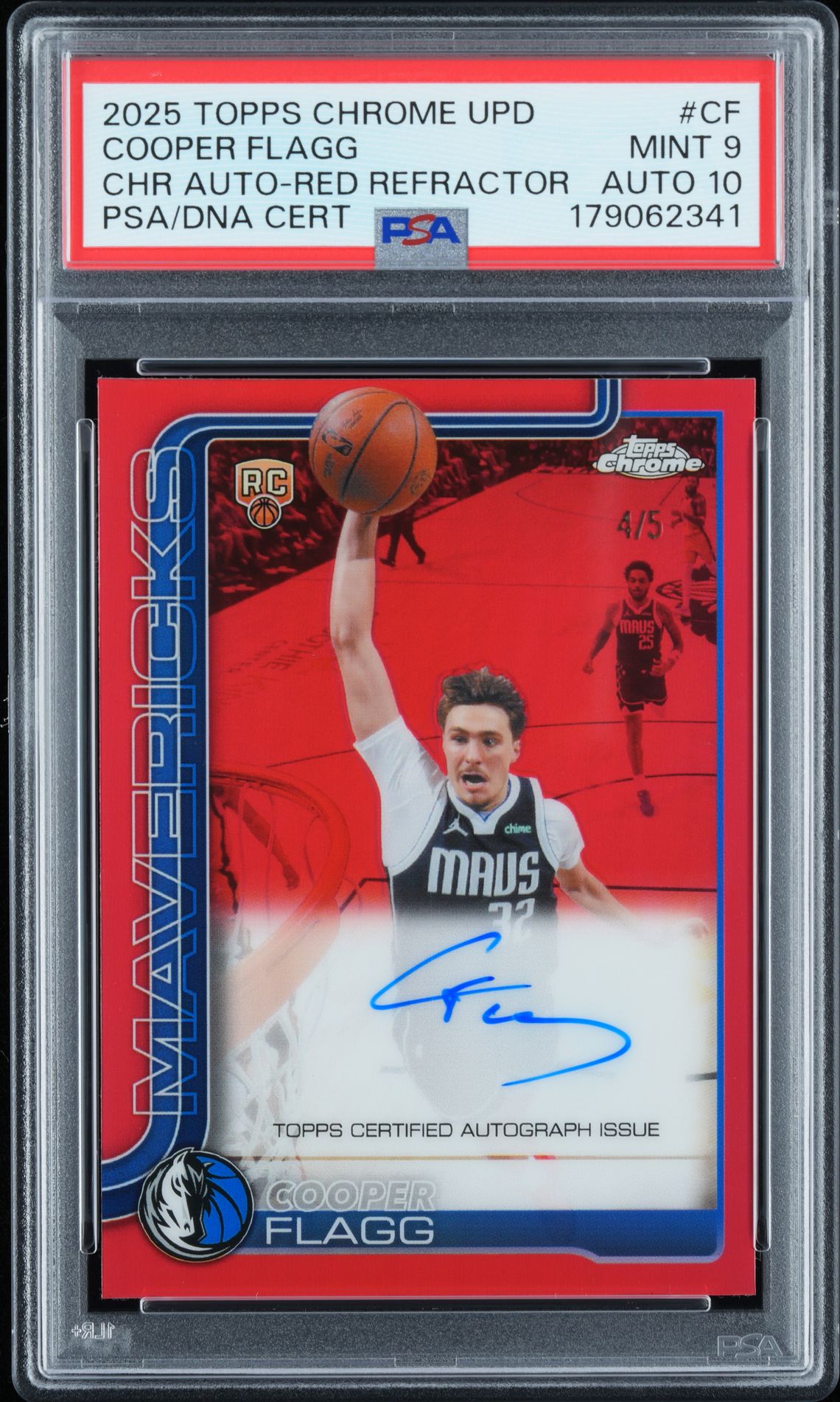 Cooper Flagg 2025 Topps Chrome red refractor autograph /5, PSA 9, Auto 10